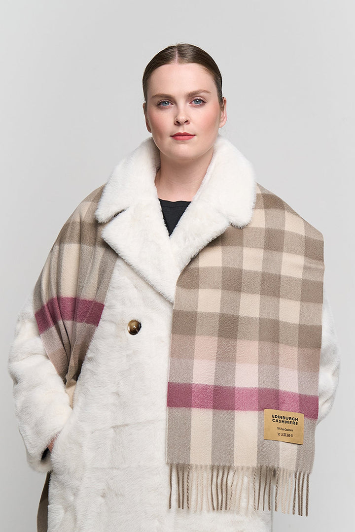 100% Pure Cashmere Pink Check Scarf