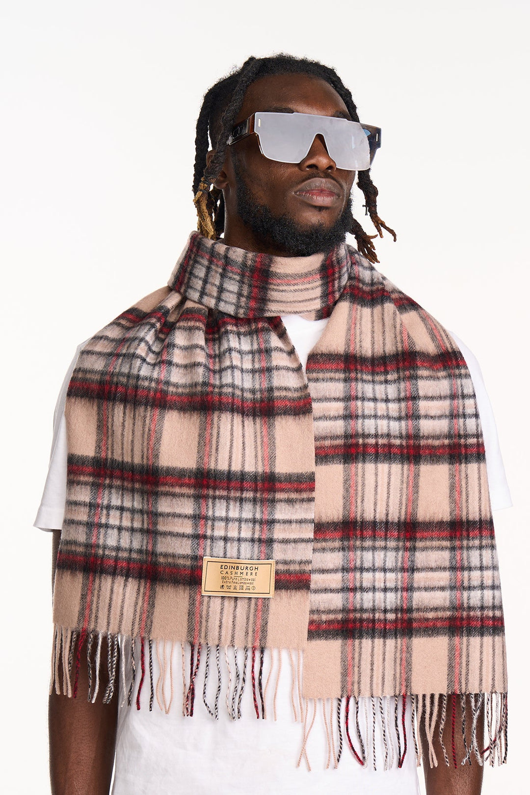 Men Scarf Stewart Camel Tartan 100% Pure Lambswool