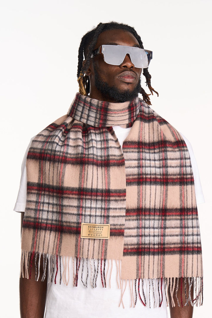 Men Scarf Stewart Camel Tartan 100% Pure Lambswool
