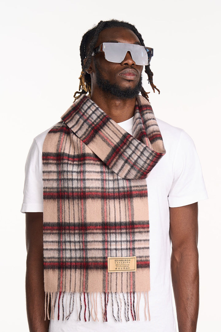 Men Scarf Stewart Camel Tartan 100% Pure Lambswool