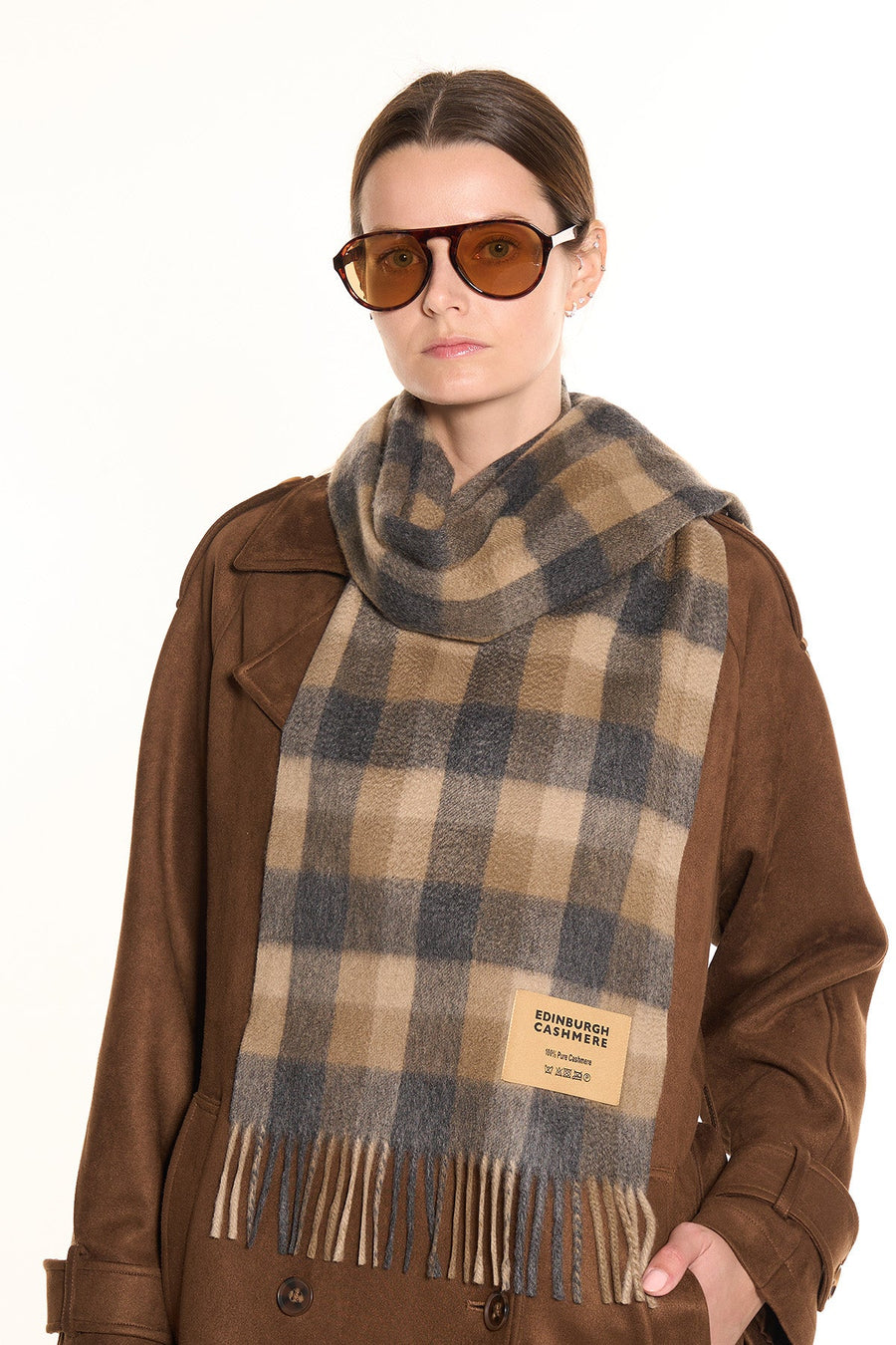100% Pure Cashmere Scarf Design Brown Check
