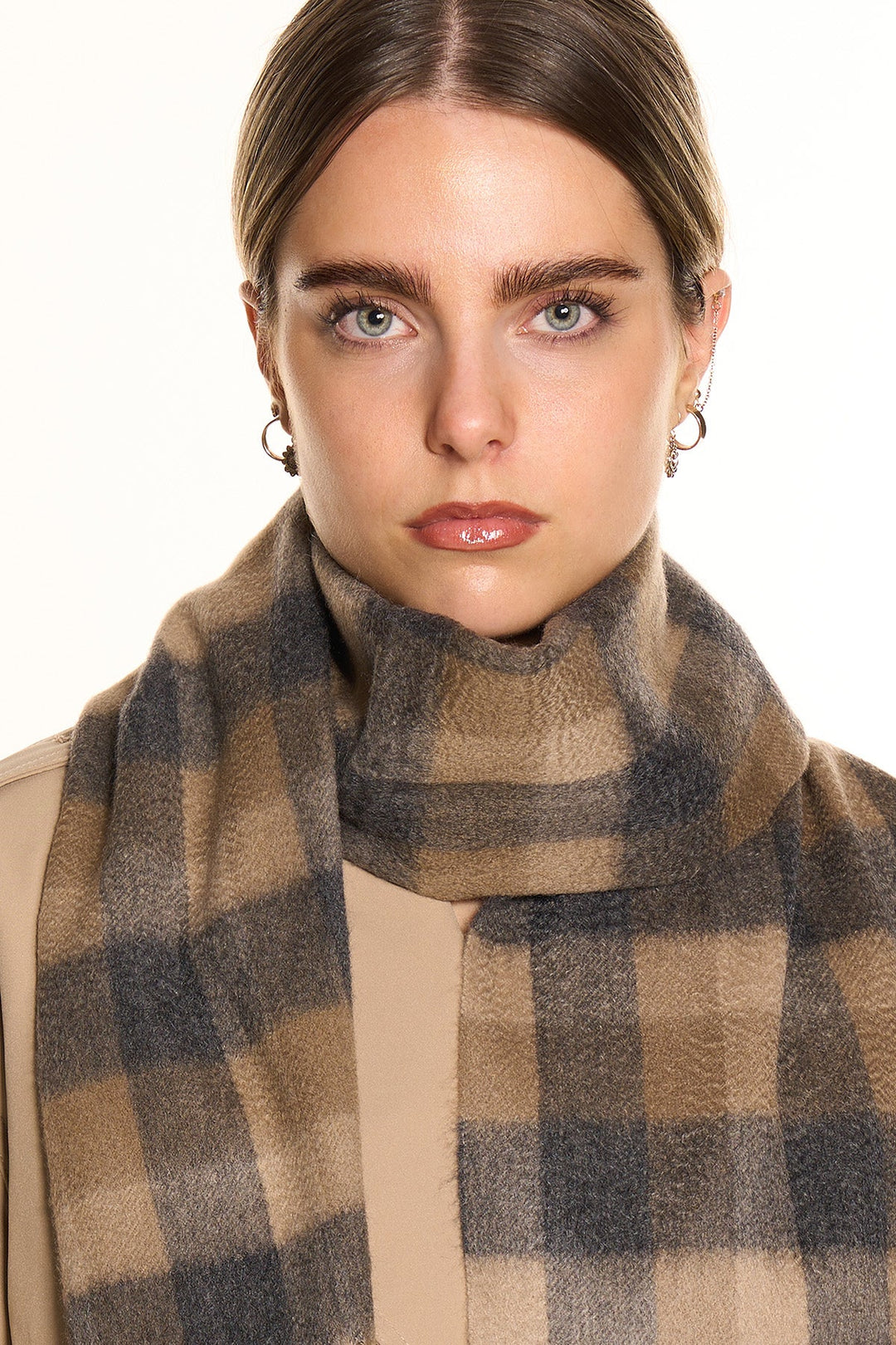 100% Pure Cashmere Scarf Design Brown Check - Small Size