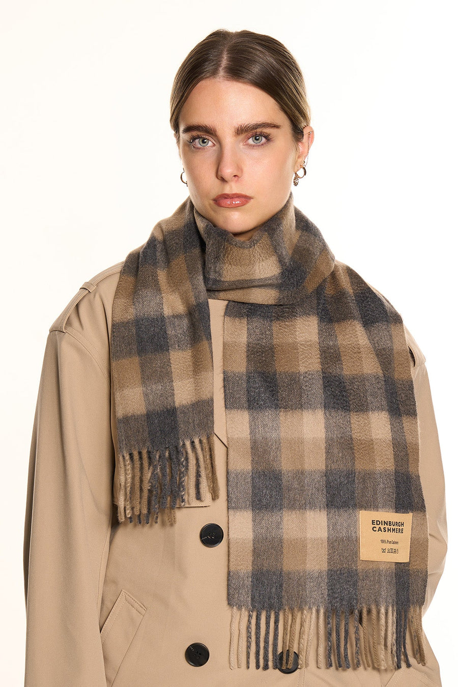 100% Pure Cashmere Scarf Design Brown Check - Small Size