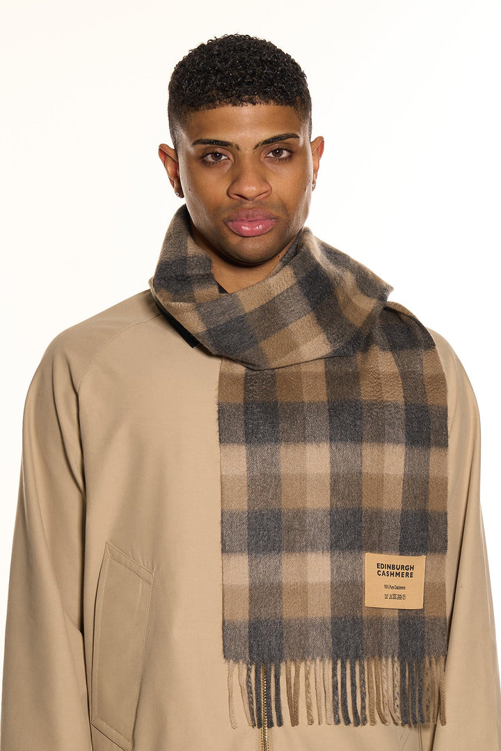 100% Pure Cashmere Scarf Design Brown Check - Small Size