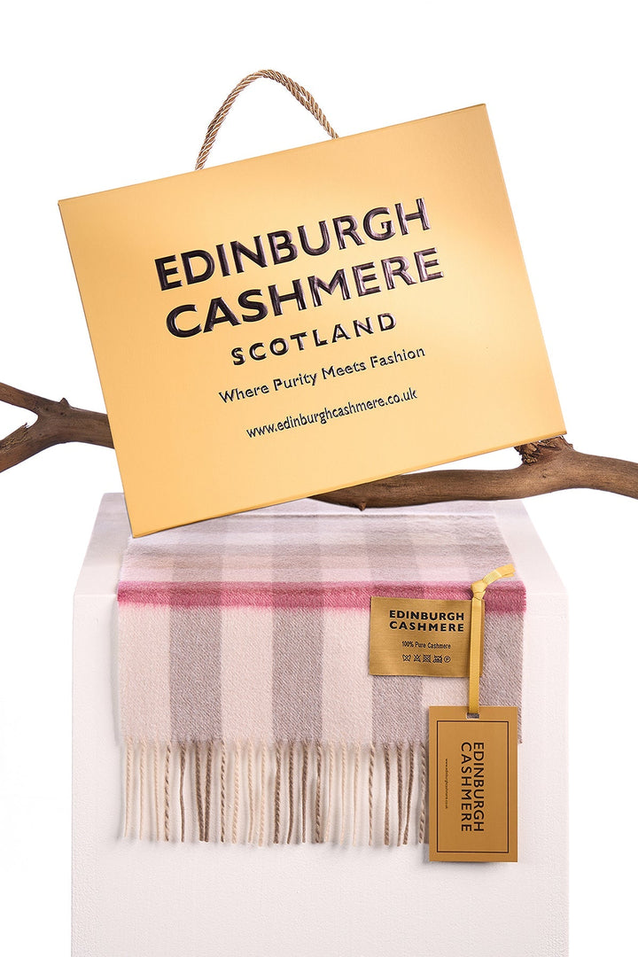 100% Pure Cashmere Pink Check Scarf - Small Size