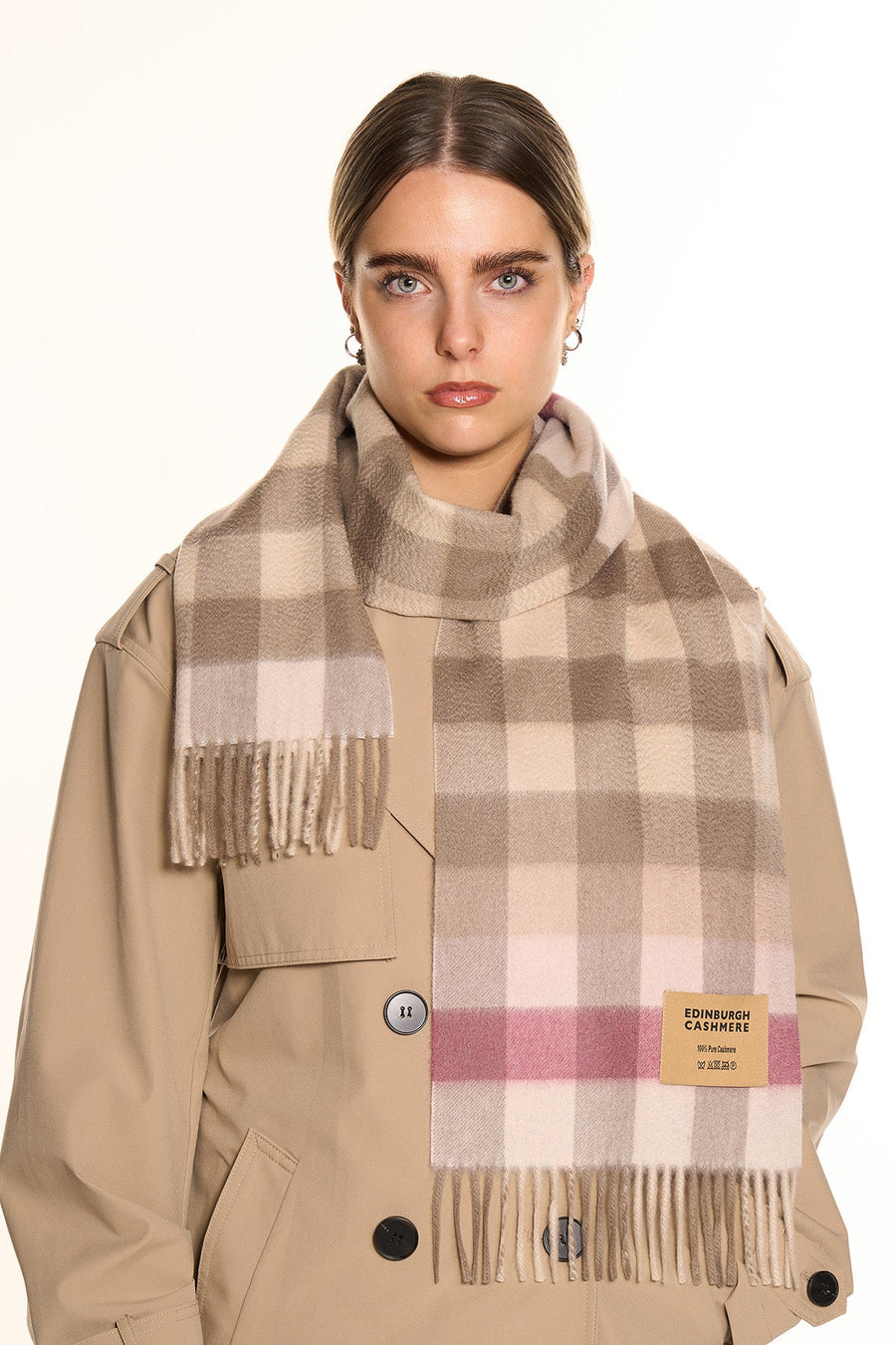 100% Pure Cashmere Pink Check Scarf - Small Size