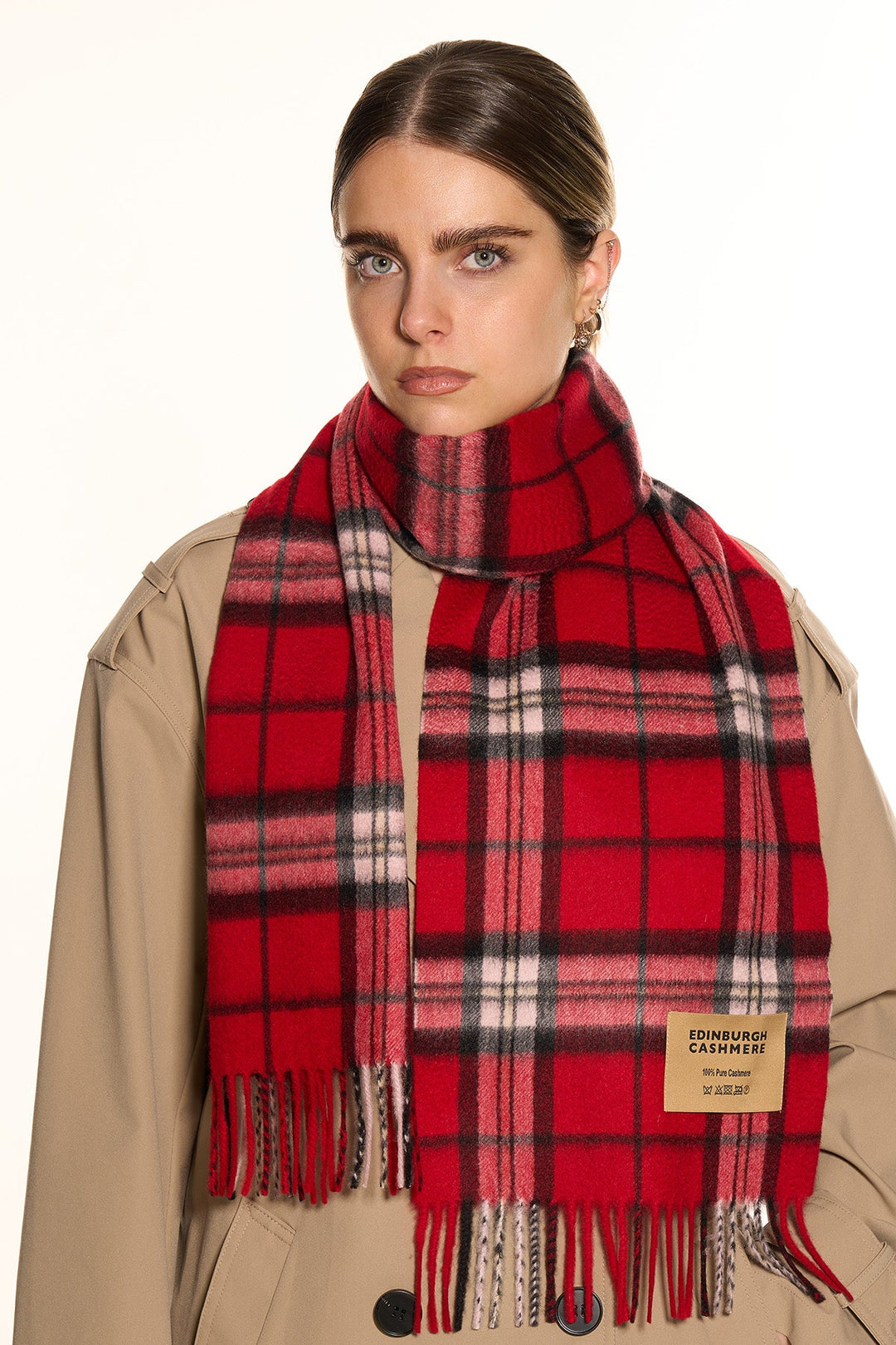 100% Pure Cashmere Scarf Scottish Thomson Red Check Design - Small Size
